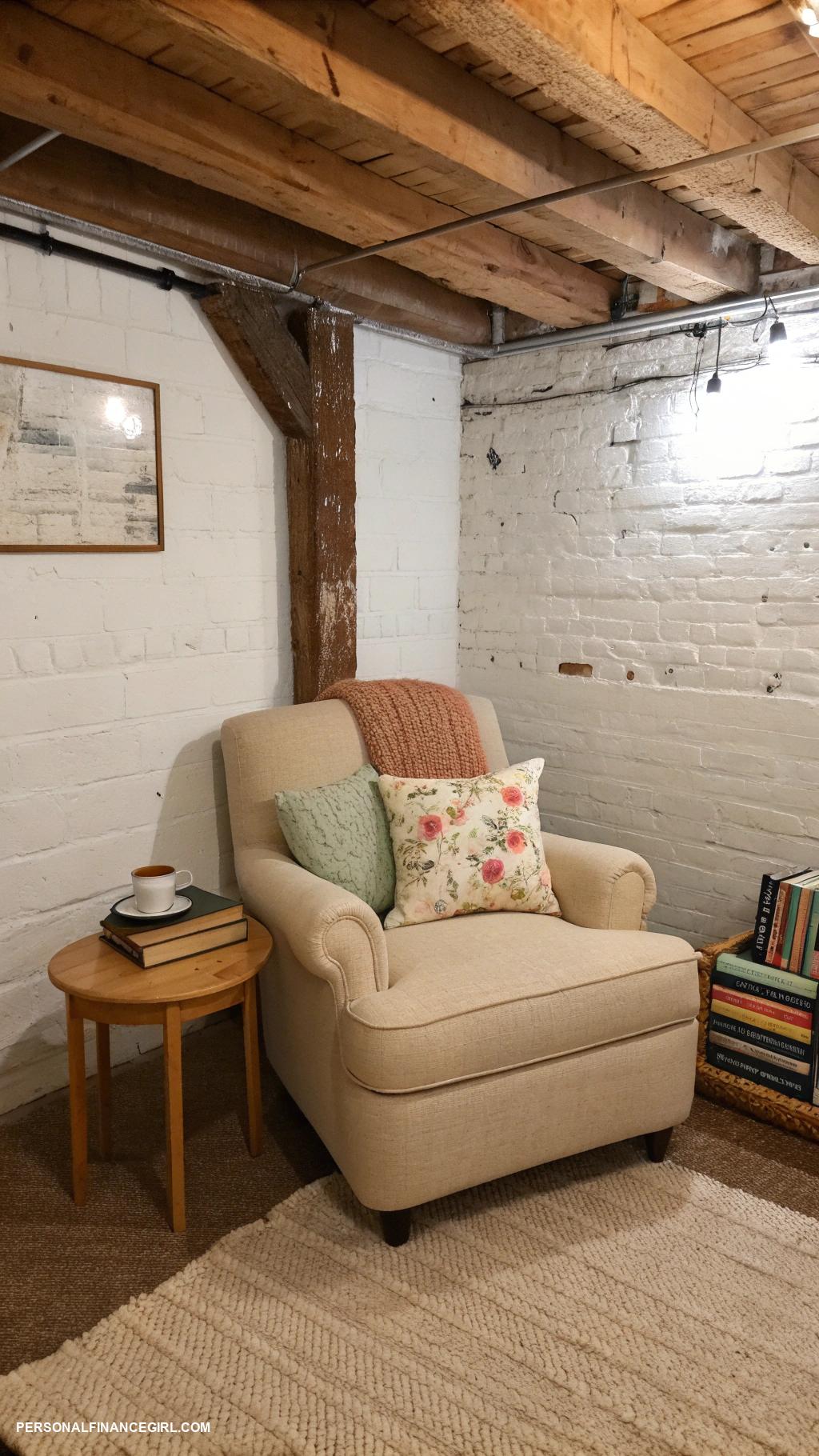 cheap unfinished basement ideas Set up a cozy reading nook
