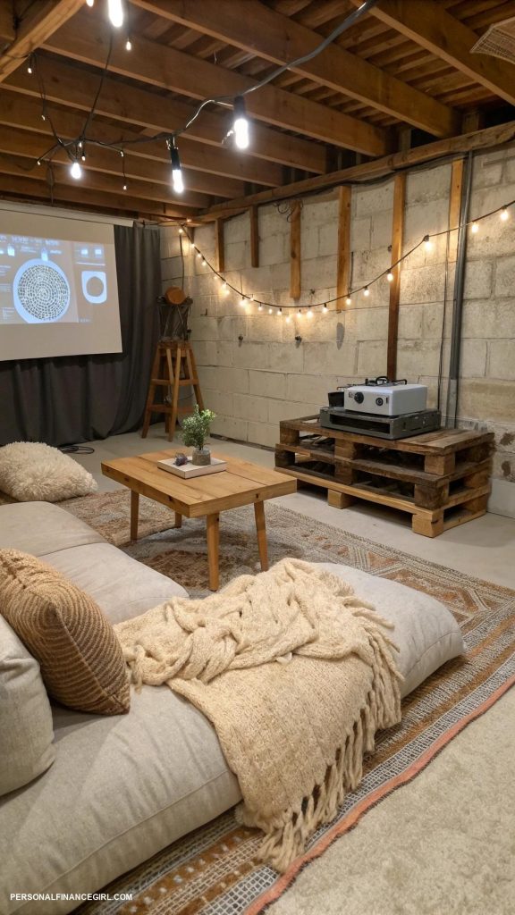 cheap unfinished basement ideas Set up a home theater with blankets