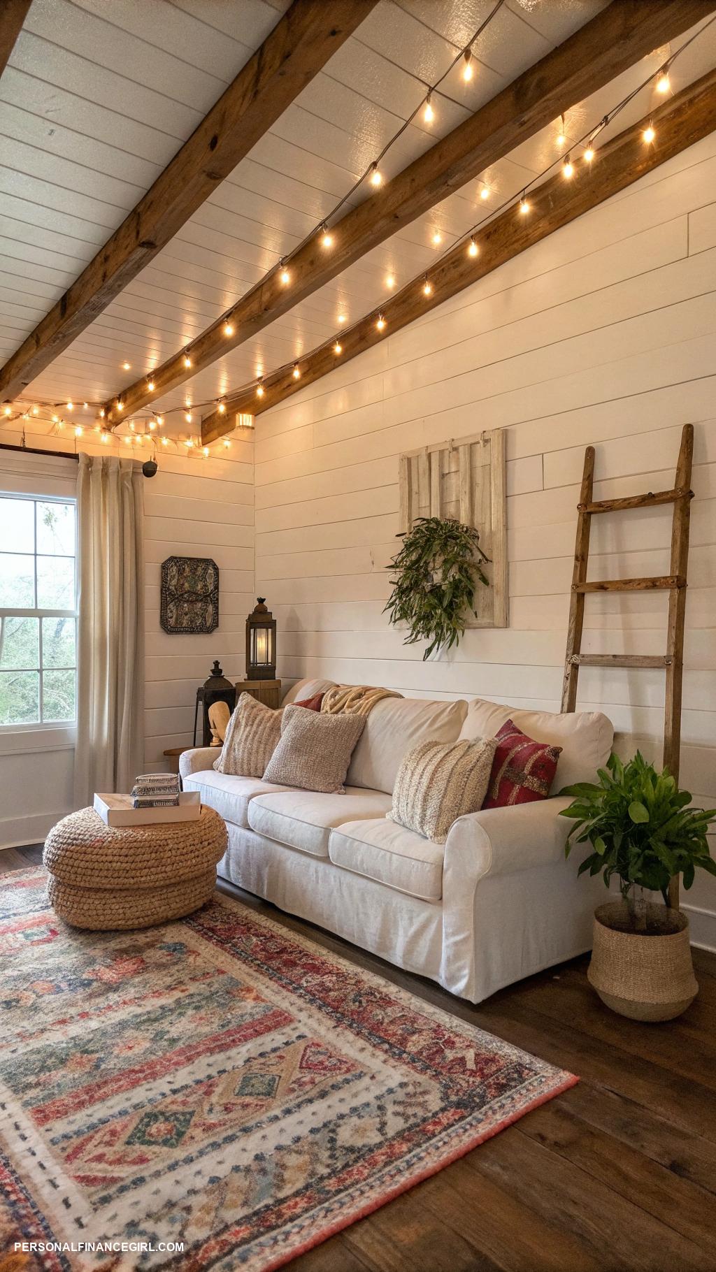 cheap ceiling covering ideas Install string lights for an illuminated atmosphere