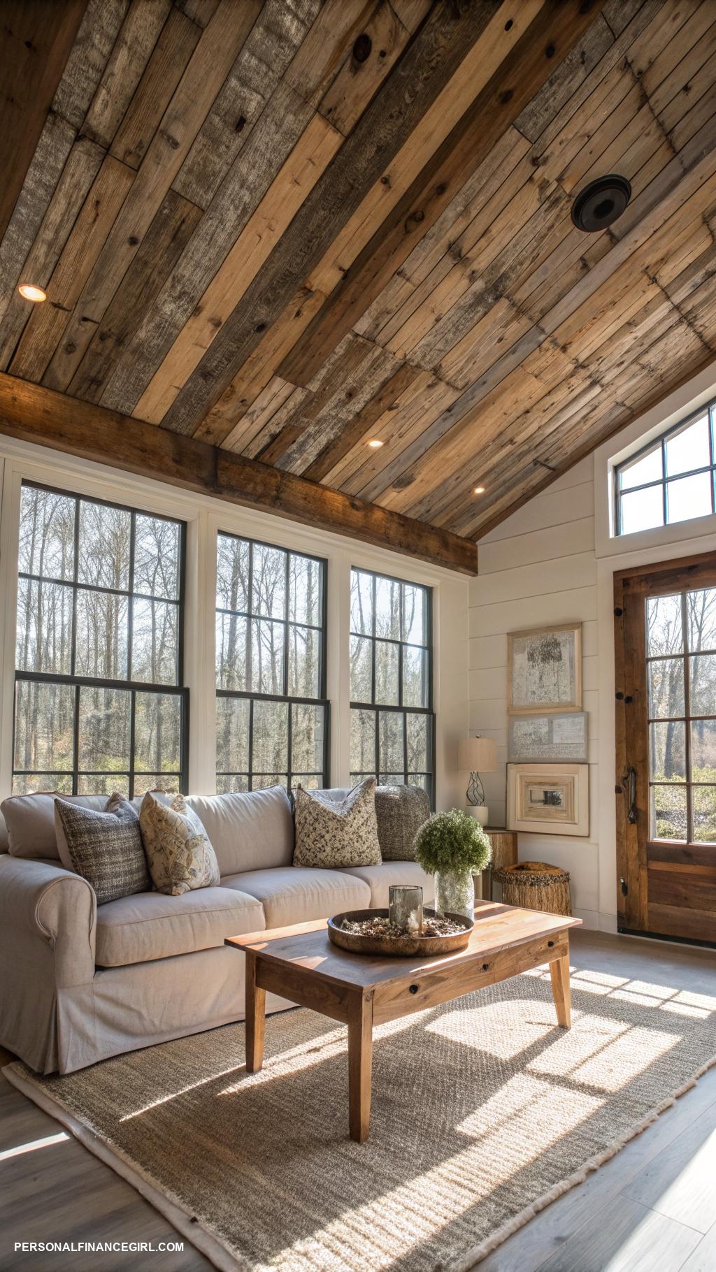 cheap ceiling covering ideas Use reclaimed wood for a rustic finish
