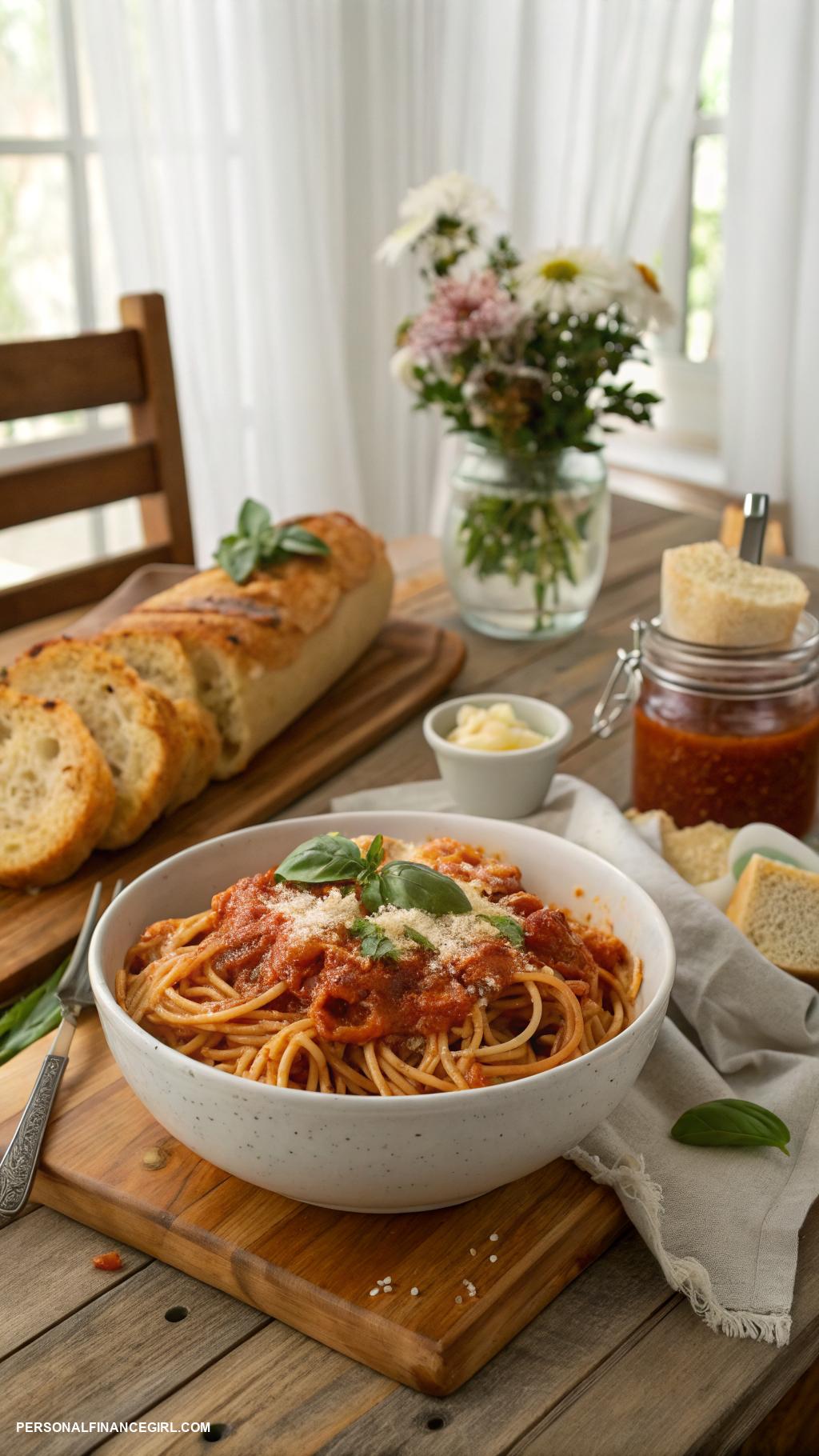 cheap family meals Spaghetti with marinara sauce and garlic bread