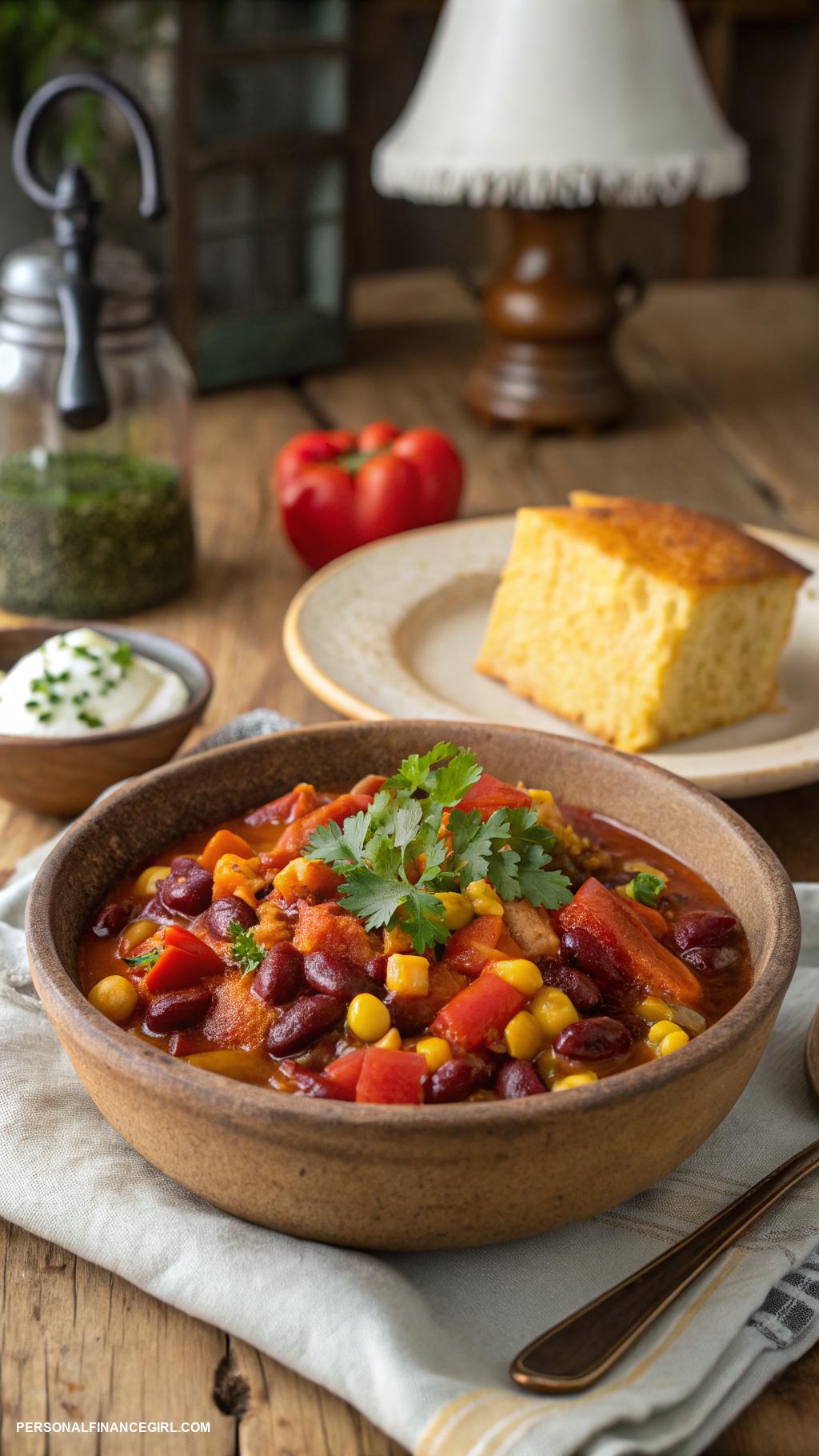 cheap family meals Vegetarian chili with cornbread on side