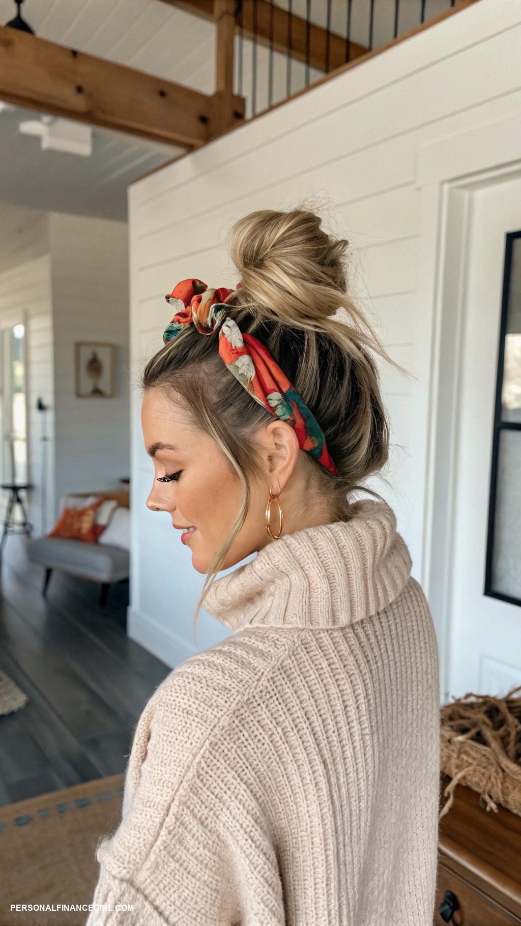 cheap hairstyles Top knot with a scrunchie