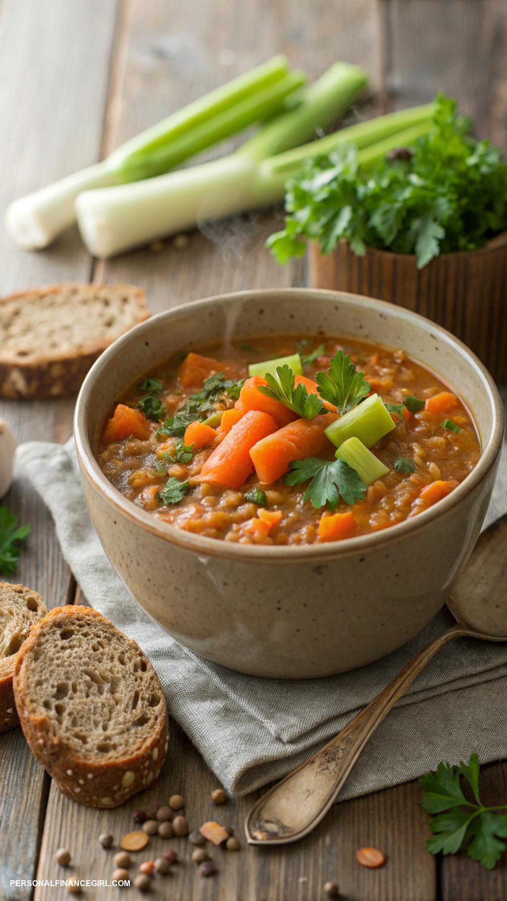 cheap vegan meals Lentil soup with carrots and celery