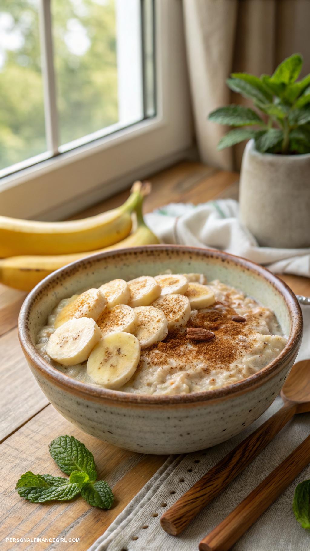cheap vegan meals Oatmeal topped with bananas and cinnamon