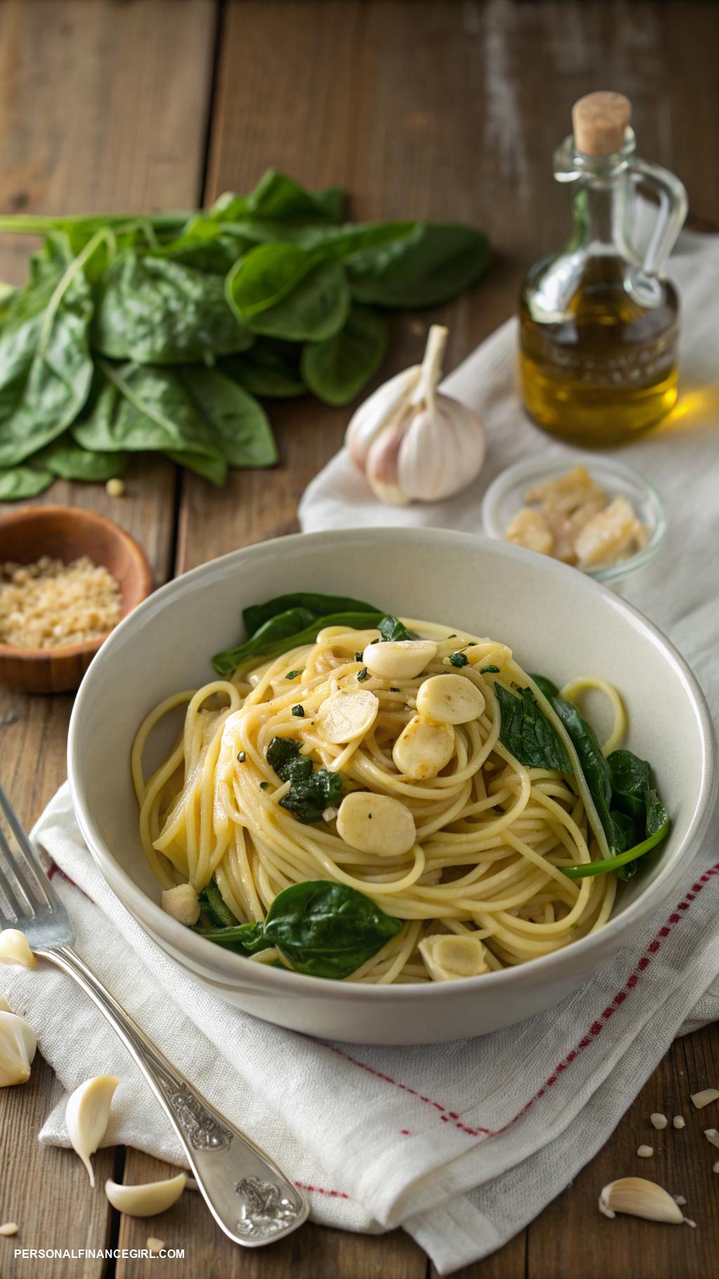 cheap vegan meals Pasta with garlic olive oil and spinach