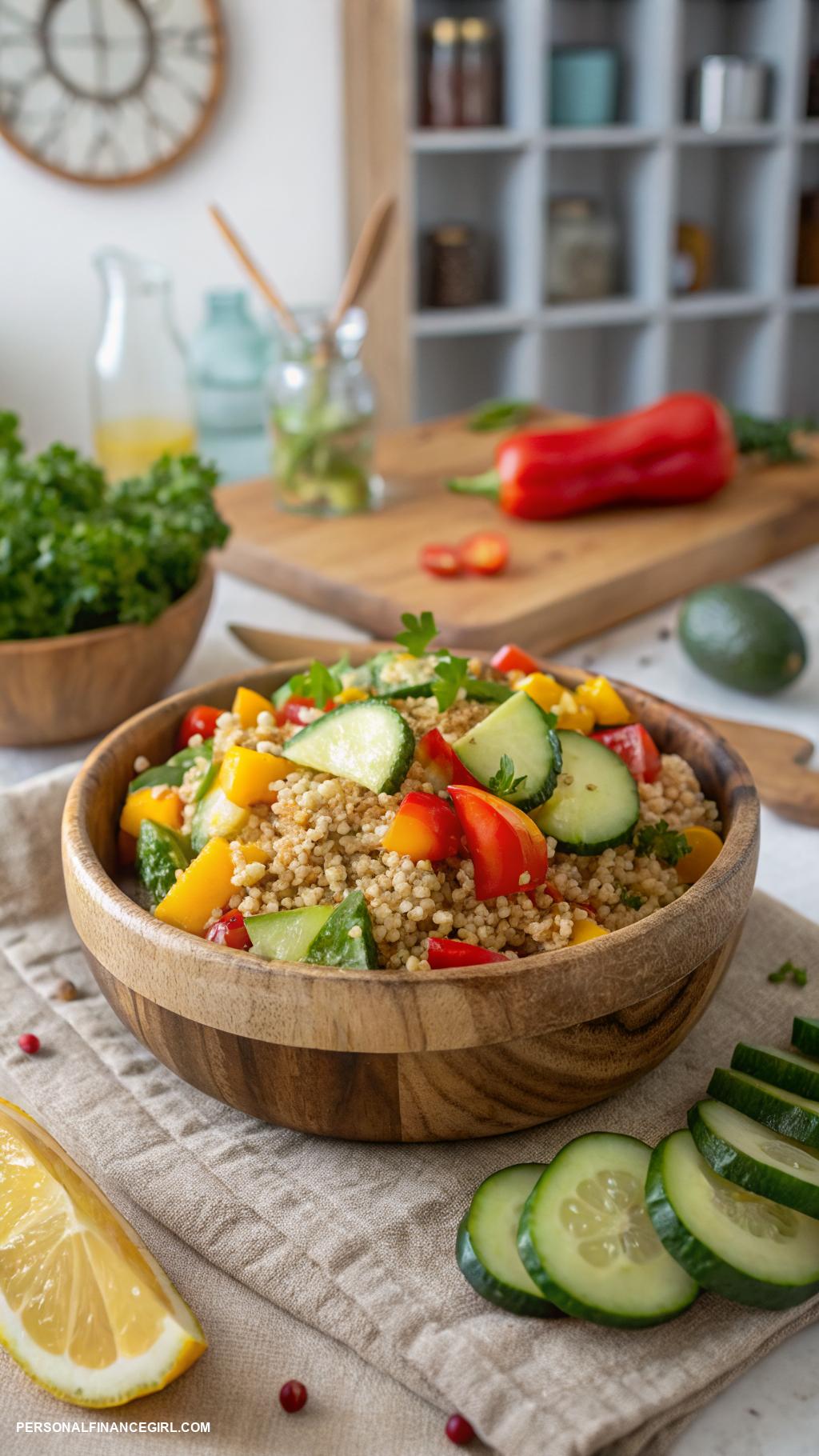 cheap vegan meals Quinoa salad with cucumbers and bell peppers