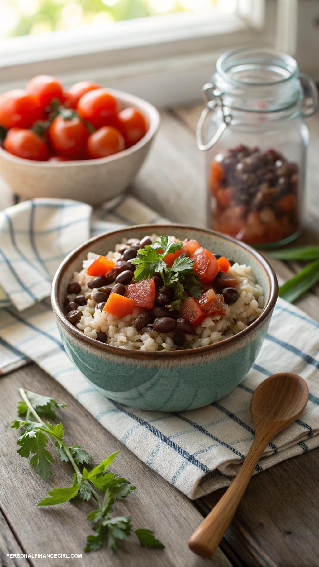 cheap vegan meals Rice and beans with diced tomatoes