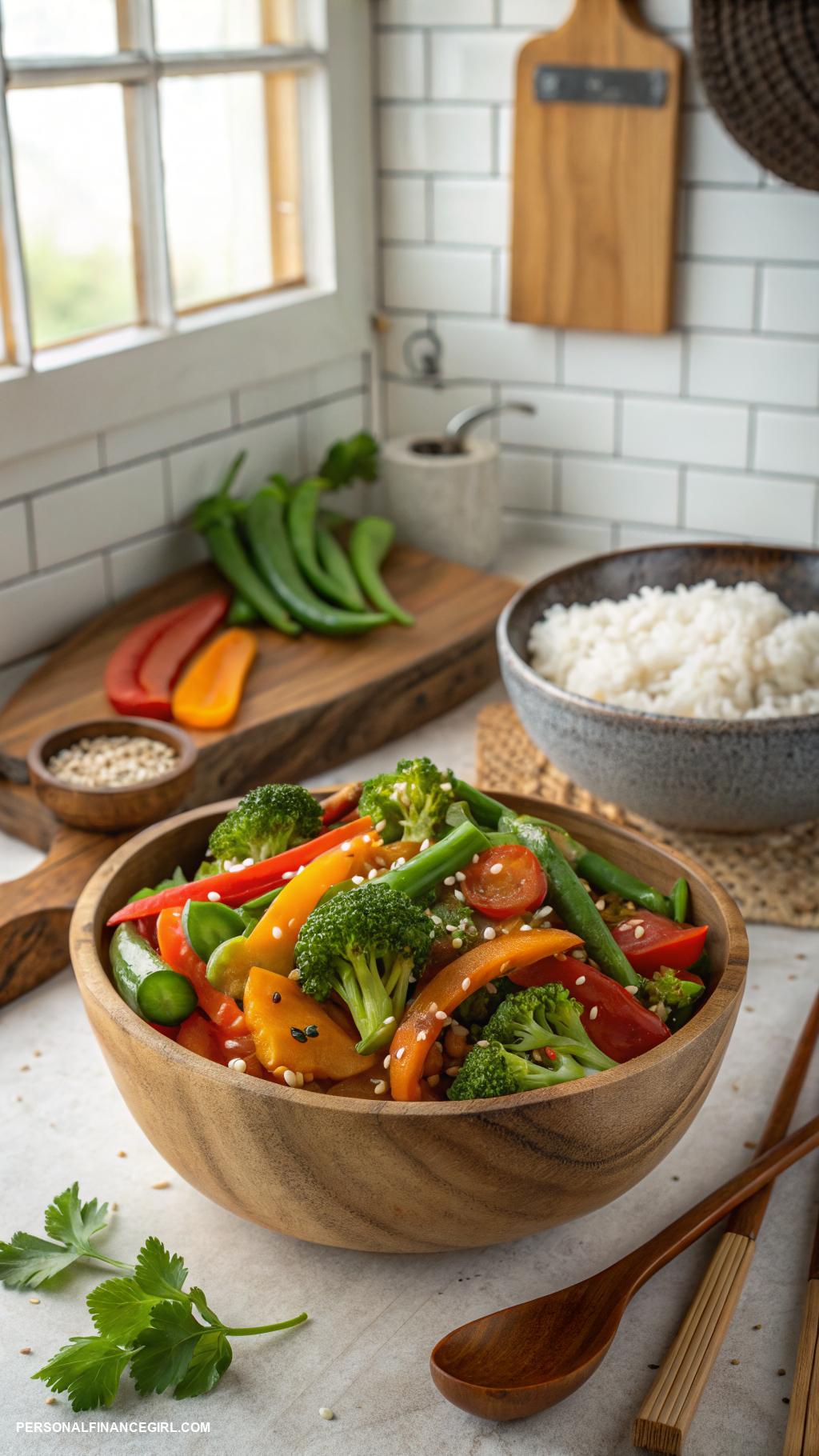 cheap vegan meals Vegetable stir fry with soy sauce and rice
