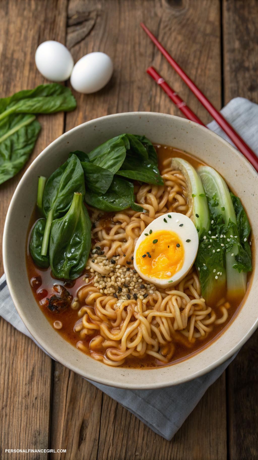 cheap yummy dinners Ramen noodles with eggs and greens