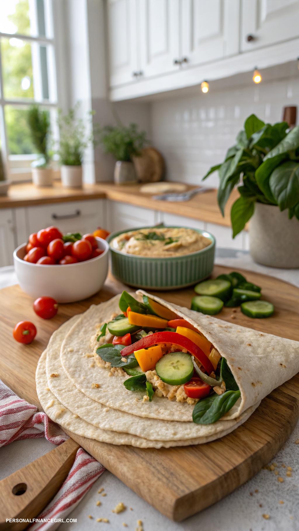 cheap yummy dinners Tortilla wrap with hummus and veggies