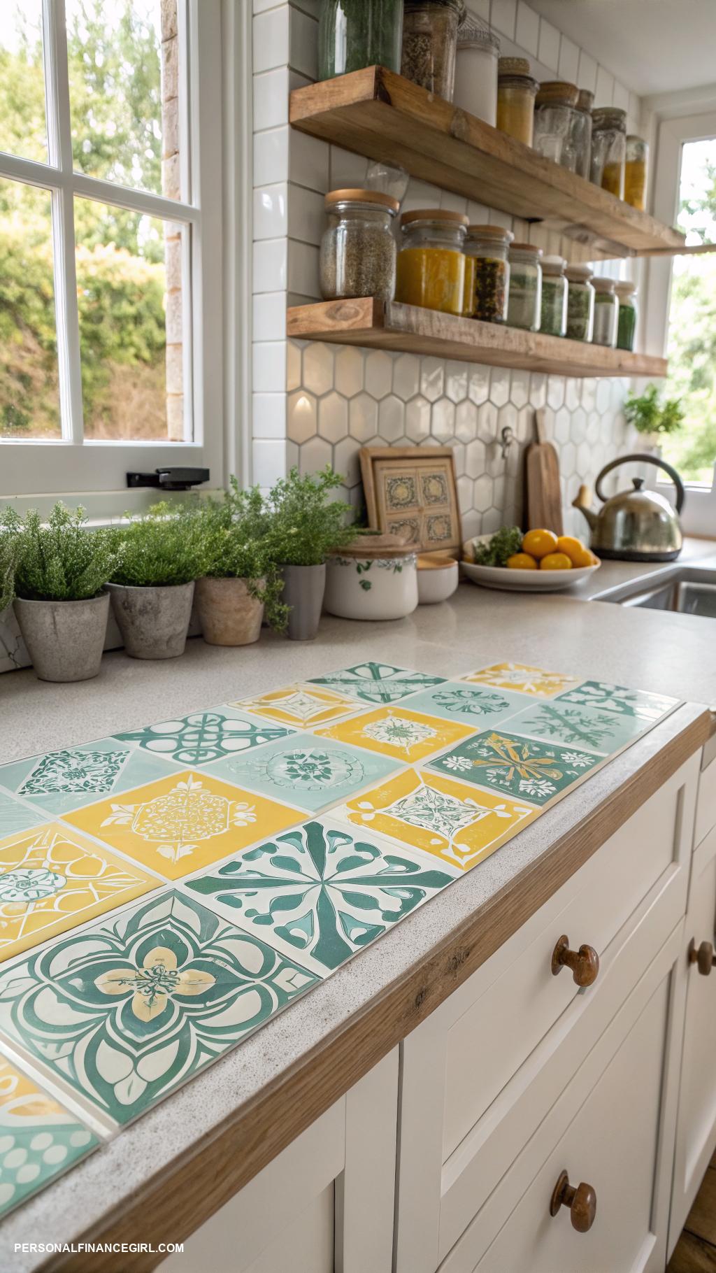 countertop redo cheap Apply adhesive tiles for a colorful upgrade